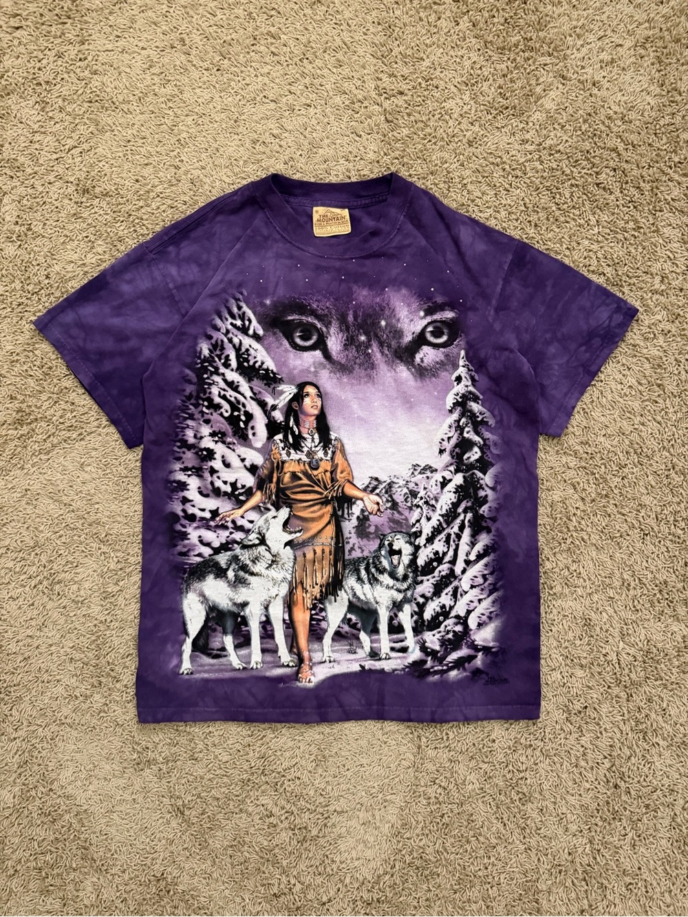 Vintage Y2K The Mountain Native American Wolves Sz M Purple Tie Dye T-Shirt